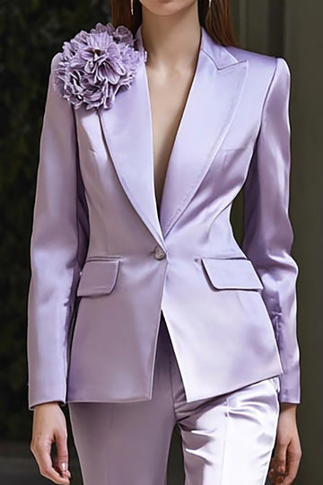 Lilac 2 Piece Peak Lapel Satin Business Suits with Flower